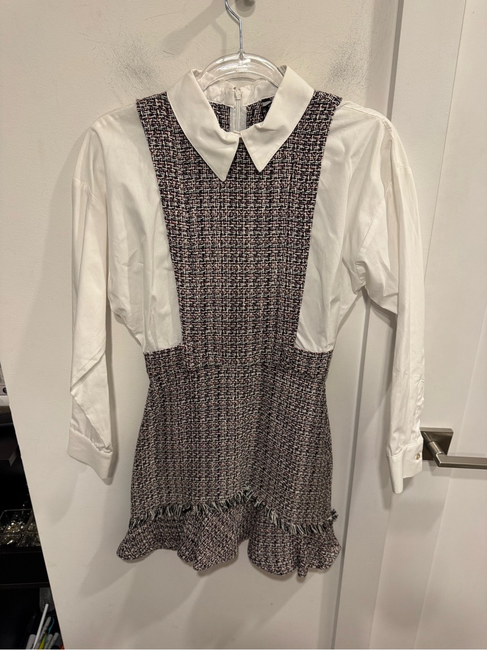 Zara Black, White and Burgundy Tweed Dress with White Collar